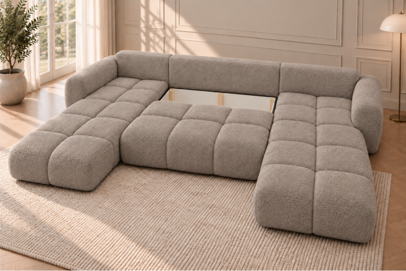 Sofa w przygaszonym odcieniu taupe Narożnik z funkcją spania i pojemnikiem Milo U beżowy boucle