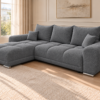 Szara sofa boucle w jasnym salonie Narożnik z funkcją spania i pojemnikiem Aurio lewy ciemnoszary boucle