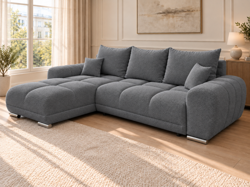 Szara sofa boucle w jasnym salonie Narożnik z funkcją spania i pojemnikiem Aurio lewy ciemnoszary boucle