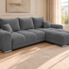 Szara sofa boucle w jasnym salonie_PRAWY Narożnik z funkcją spania i pojemnikiem Aurio prawy ciemnoszary boucle