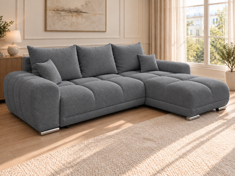 Szara sofa boucle w jasnym salonie_PRAWY Narożnik z funkcją spania i pojemnikiem Aurio prawy ciemnoszary boucle