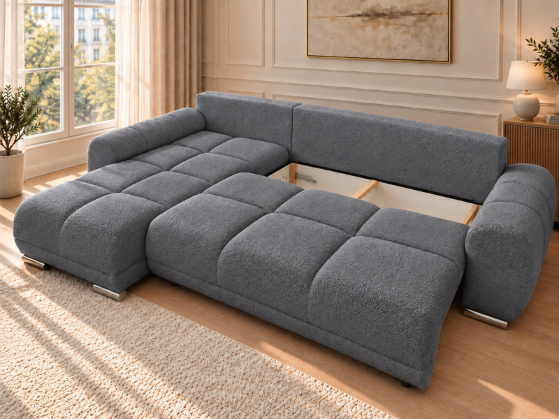 Szara sofa modułowa z otwartym schowkiem Narożnik z funkcją spania i pojemnikiem Aurio lewy ciemnoszary boucle