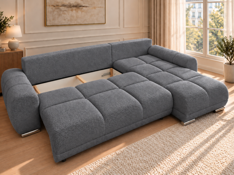 Szara sofa modułowa z otwartym schowkiem_PRAWY Narożnik z funkcją spania i pojemnikiem Aurio prawy ciemnoszary boucle