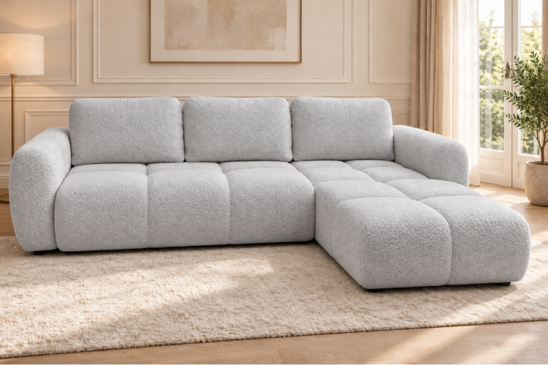 Szara sofa w ciepłym salonie_PRAWY Narożnik z funkcją spania i pojemnikiem Milo prawy szary boucle