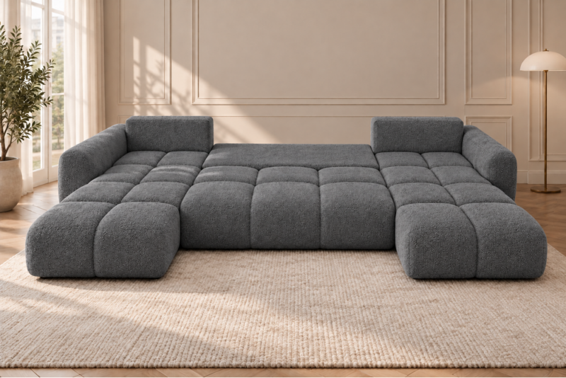 U-kształtna sofa w grafitowej szarości Narożnik z funkcją spania i pojemnikiem Milo U ciemnoszary boucle