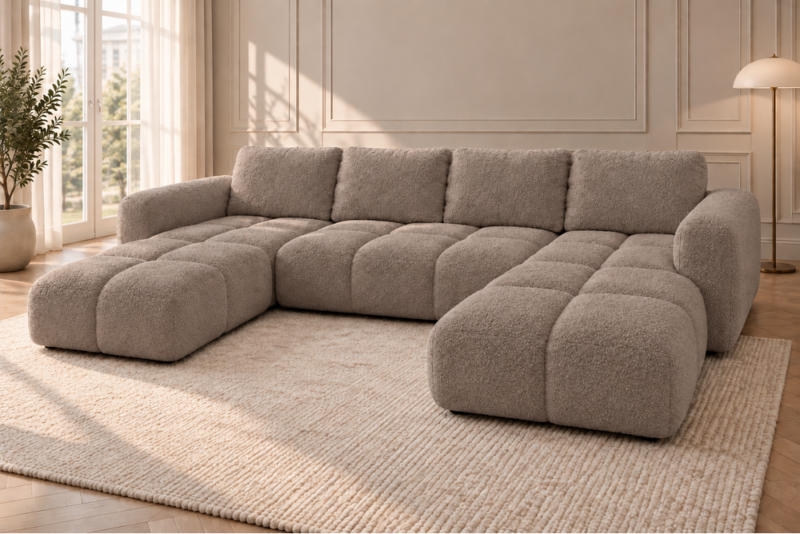 U-kształtna sofa w odcieniu taupe Narożnik z funkcją spania i pojemnikiem Milo U beżowy boucle