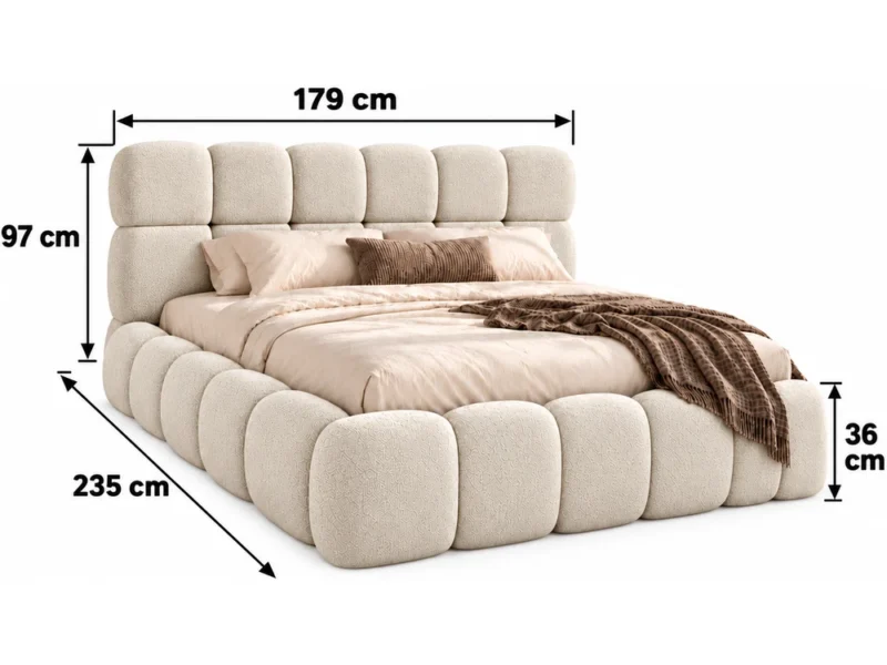 Wymiary eleganckiego łóżka tapicerowanego Łóżko tapicerowane 140x200 cm z pojemnikiem i stelażem Bubble brązowe